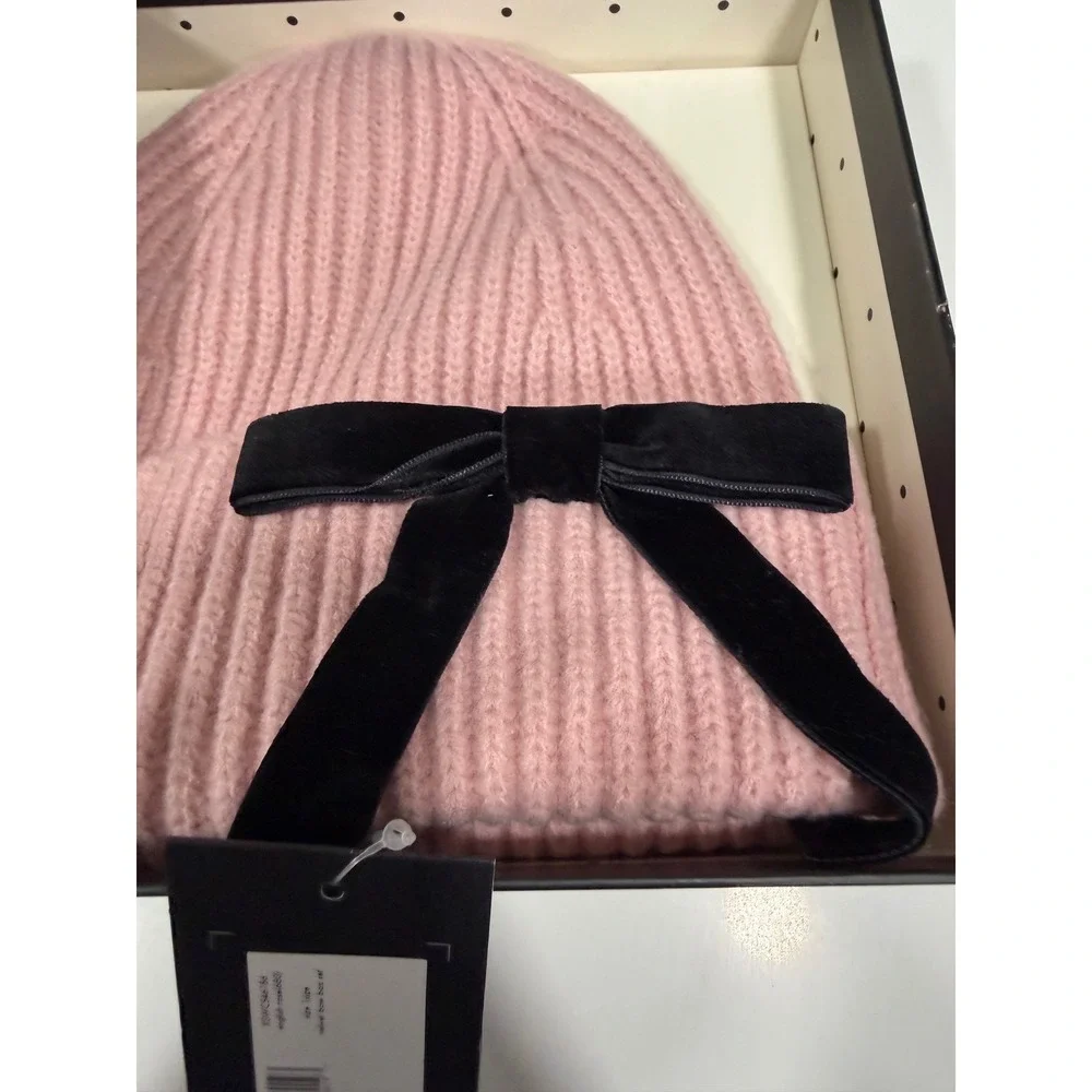 Kate Spade New York Velvet Bow Beanie and Touchscreen Glove Set English Rose NEW